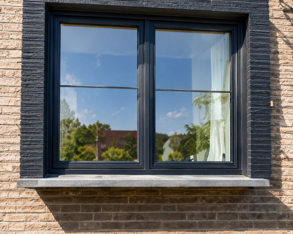 Donkerblauwe kunststof kozijnen met roedeverdeling